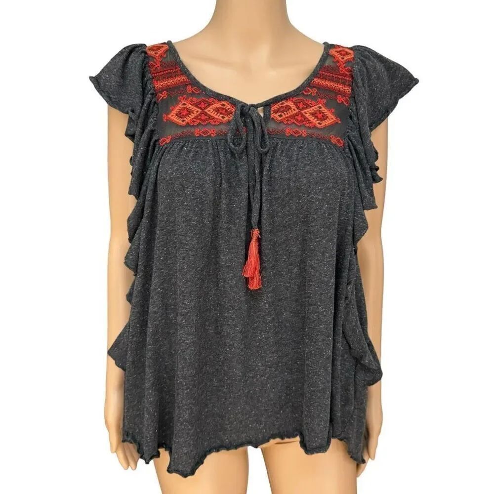 Free People embroidered boho ruffle sleeves blouse size S flare